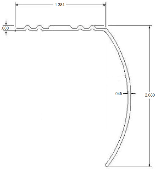 A drawing of the side view of a curved window.