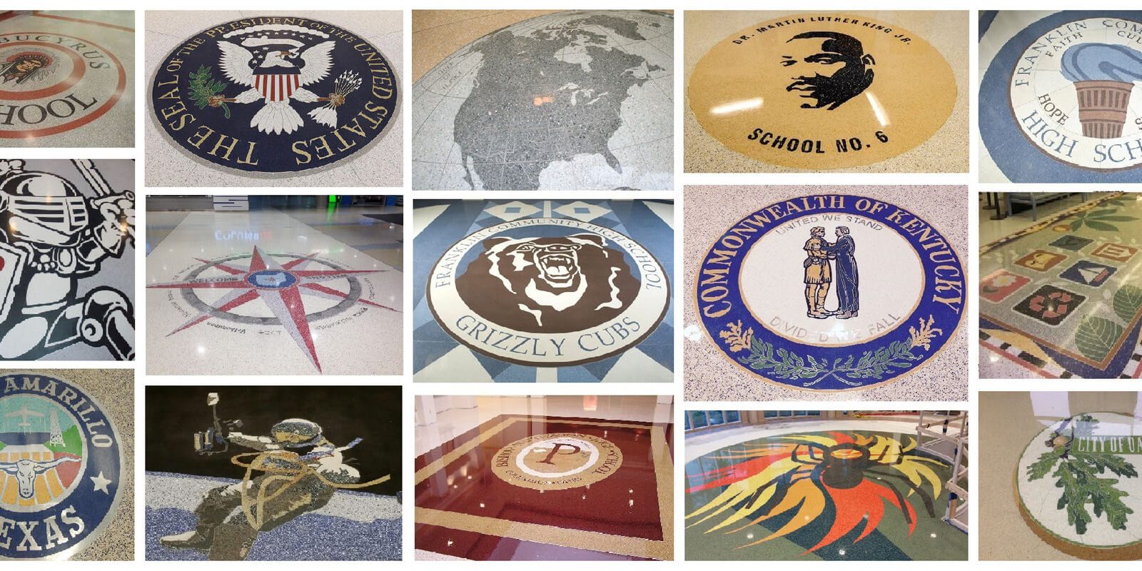 Various school and organization floor logos.